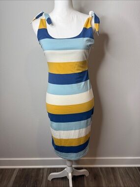 Main Strip Blue, Yellow & White Striped Tie-Shoulder Midi Dress Beach Small